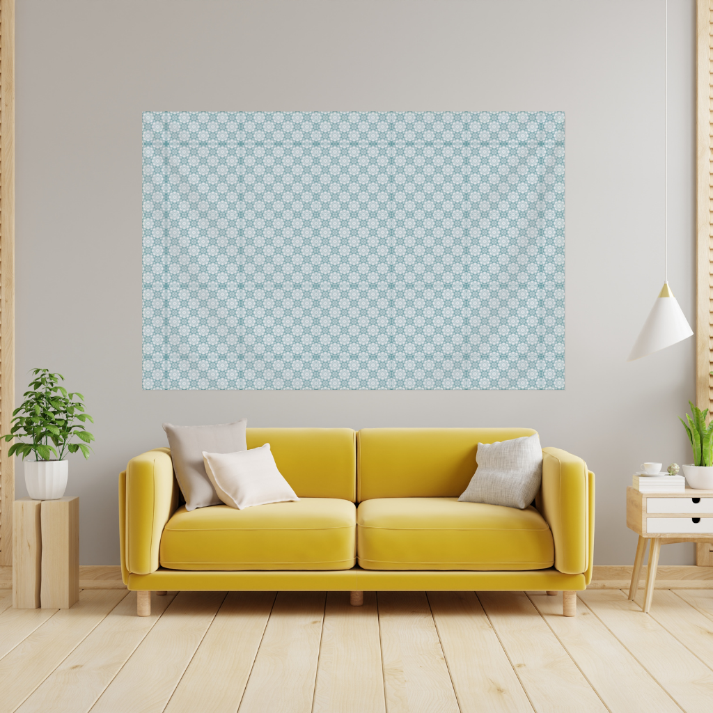 Blue Pixelated Geometric Ornament Pattern Wall Tapestry
