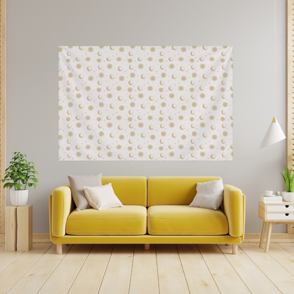 Golden Sun and Moon Mystical Pattern Wall Tapestry
