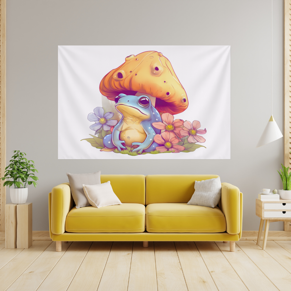 Blue Frog Resting Under Orange Mushroom 