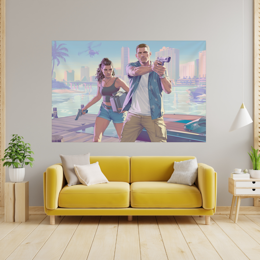 Vice City Showdown  Tropical Heist Duo Wall Tapestry