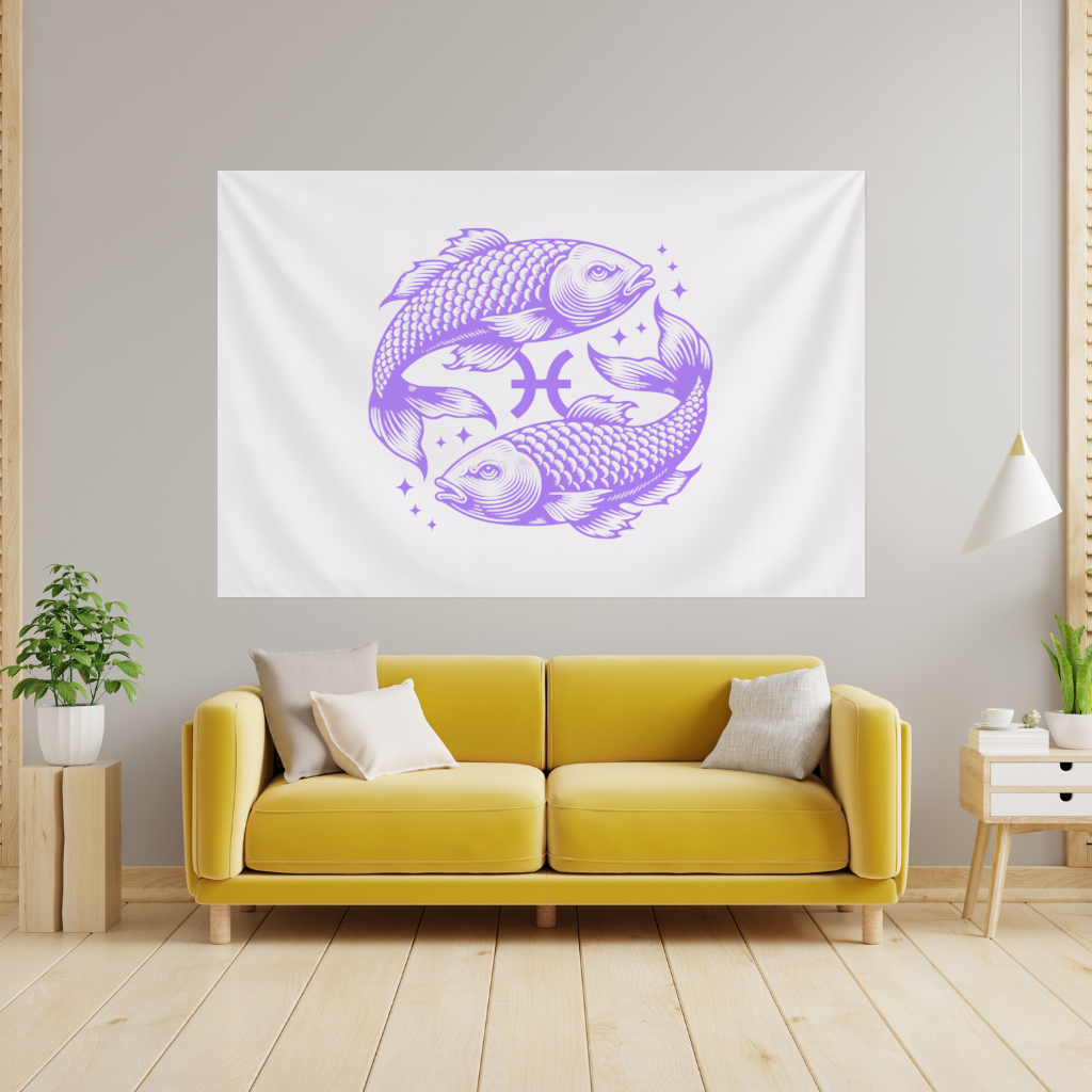 Pisces Zodiac Symbol with Purple Fish Art Wall Tapestry