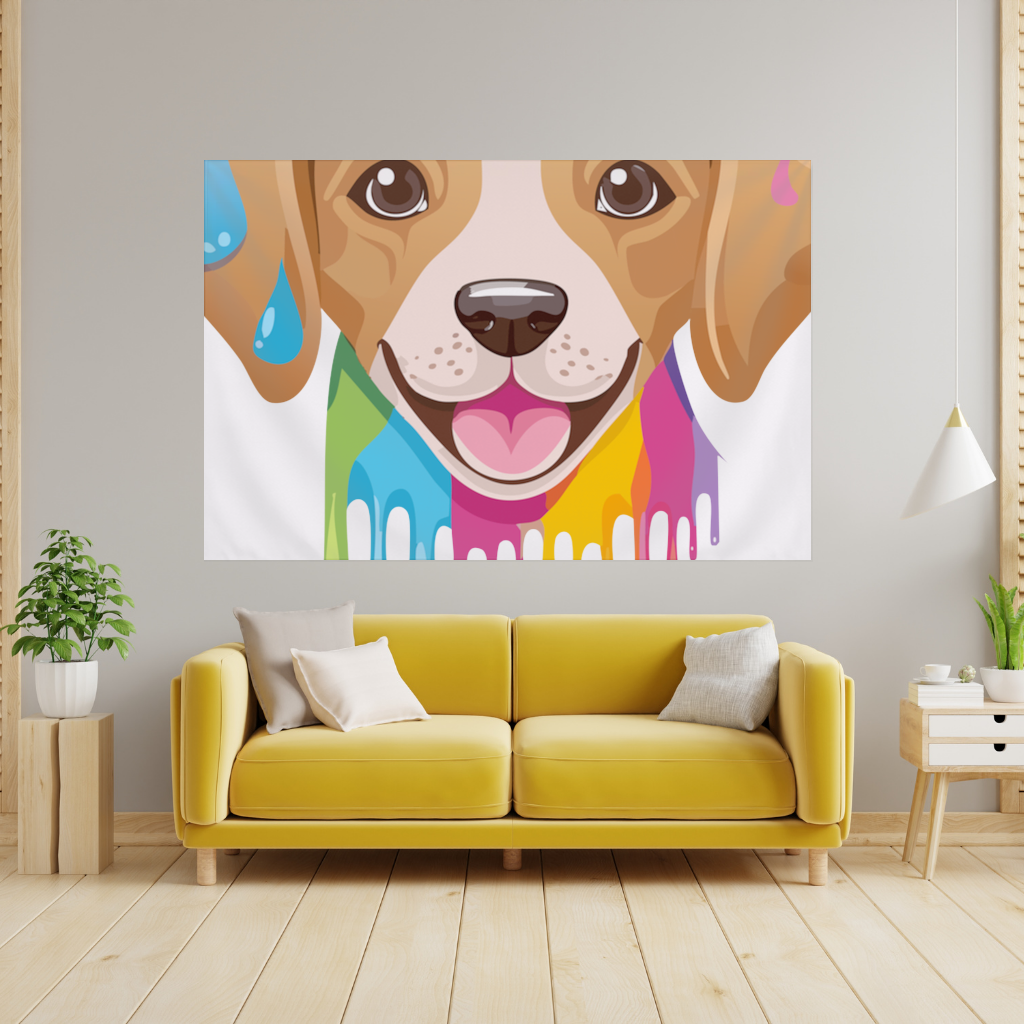 Happy Dog with Colorful Paint Drips Wall Tapestry