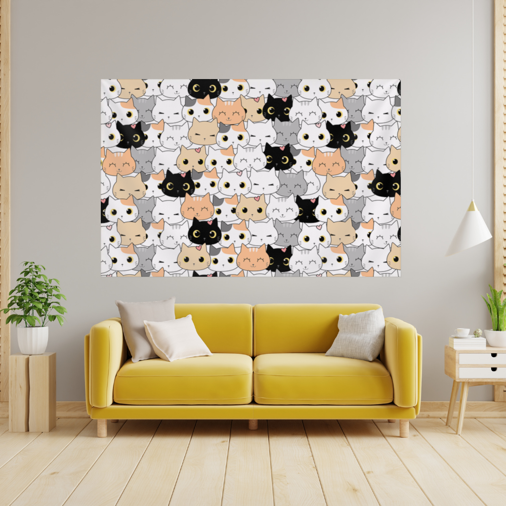 Renkli ve Sevimli Kedi Suratları Deseni Duvar Örtüsü