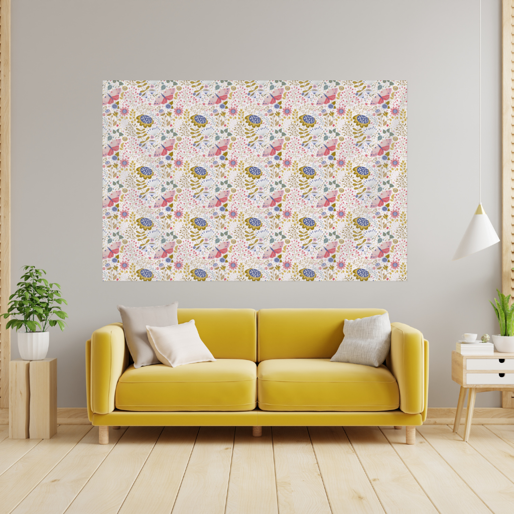 Otantik Çiçekler ve Kelebek Desenli Sanat Duvar Örtüsü