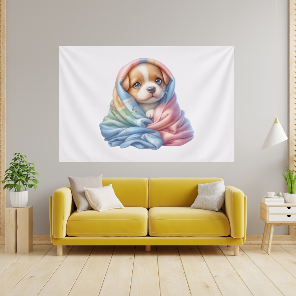 Cute Puppy Wrapped in Colorful Blanket Wall Tapestry