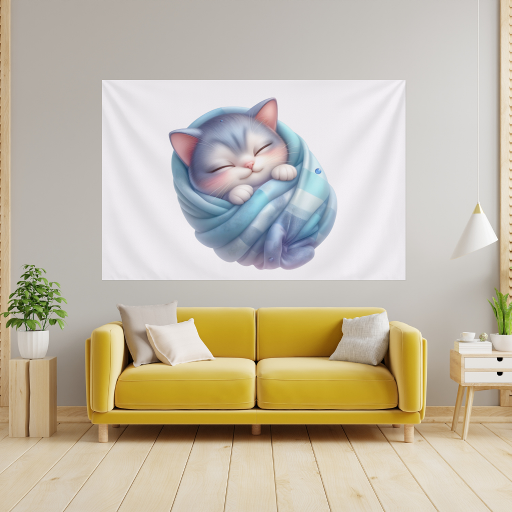 Kawaii Sleeping Kitten in Blue Swaddle Wall Tapestry
