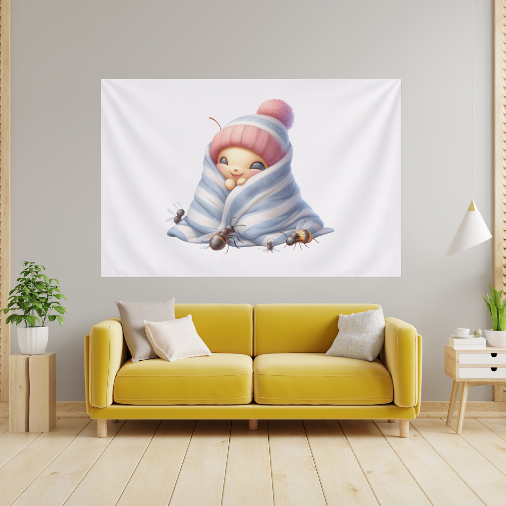 Kawaii Baby Bee in Pink Beanie Wall Tapestry
