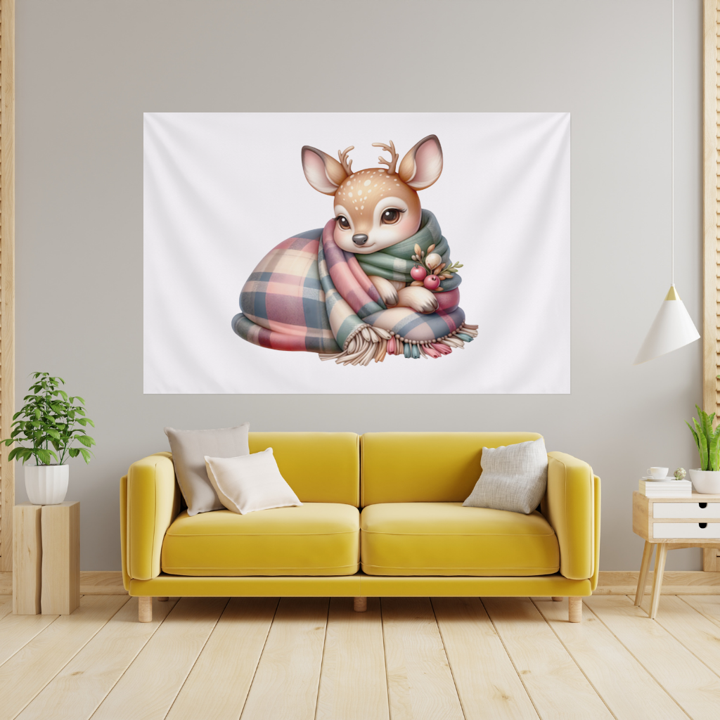 Kawaii Baby Deer with Plaid Scarf Wall Tapestry