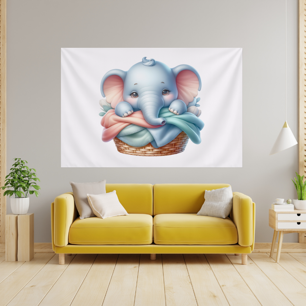 Cute Baby Elephant in Basket Wall Tapestry