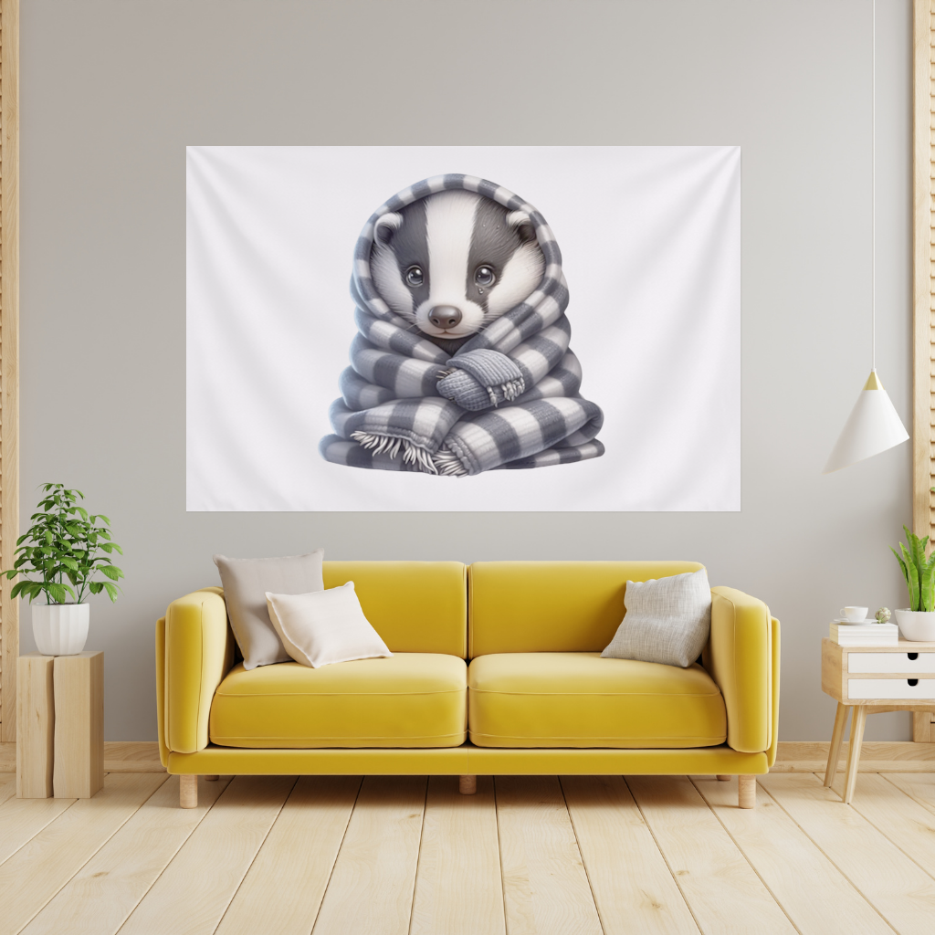 Cozy Baby Badger Wrapped in Blanket Wall Tapestry