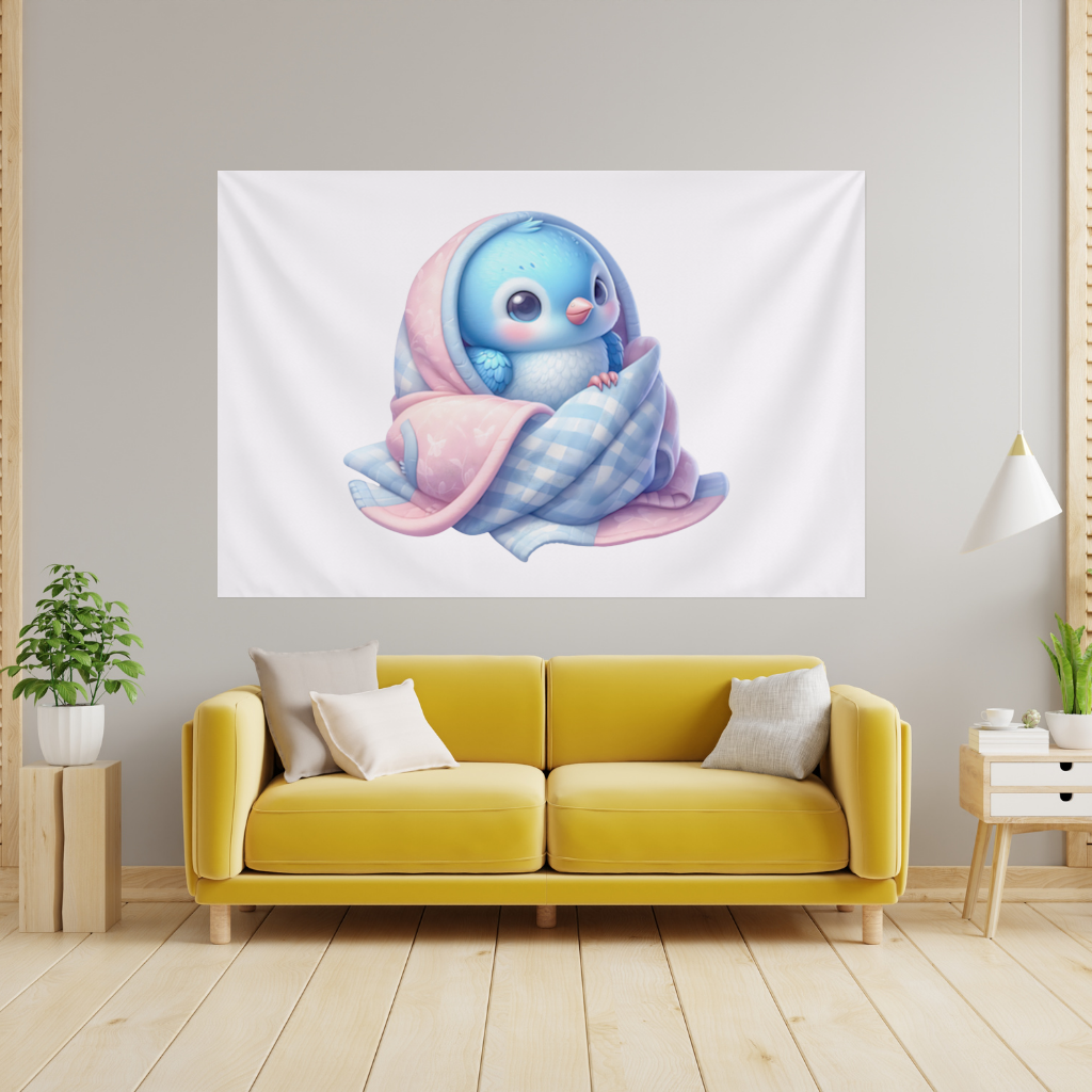 Kawaii Blue Bird in Blanket Wall Tapestry