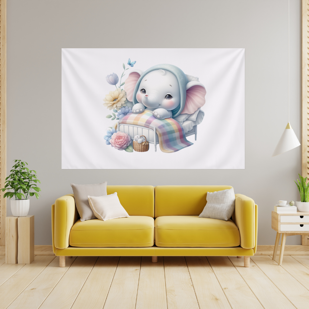 Sleeping Baby Elephant in Bed Wall Tapestry