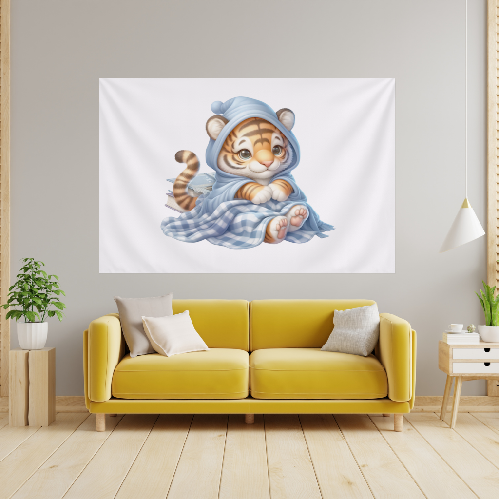 Sleepy Baby Tiger Cub on Books Wall Tapestry