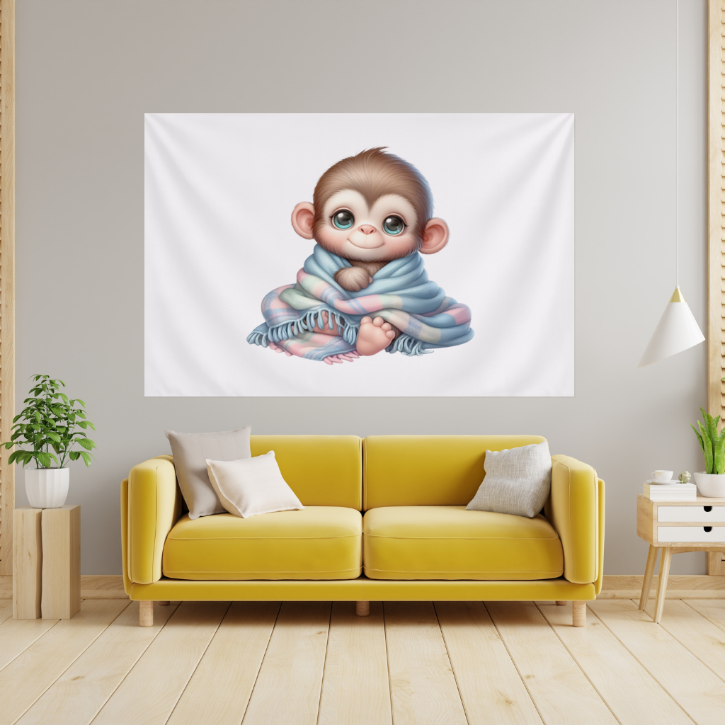 Cute Baby Monkey Wrapped in Blanket Wall Tapestry