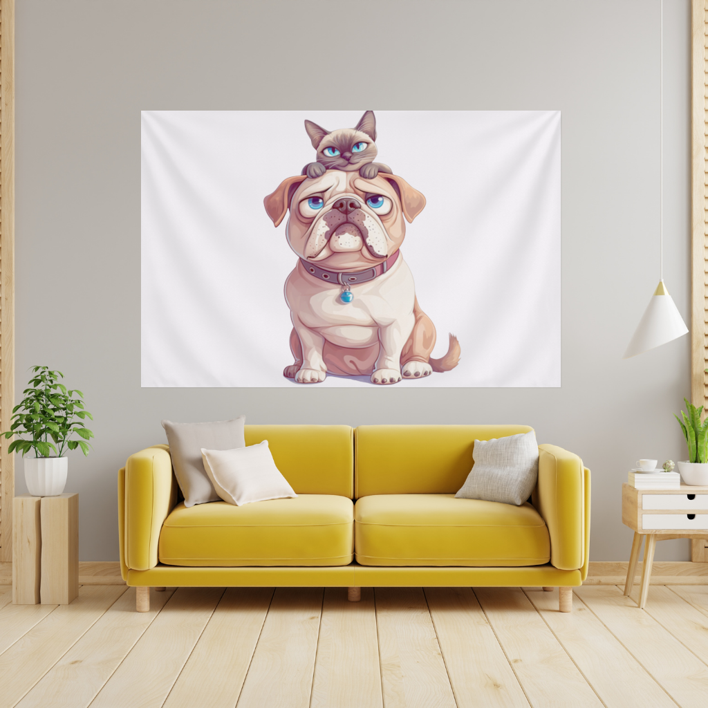 Sad Pug with Siamese Cat on Head Wall Tapestry