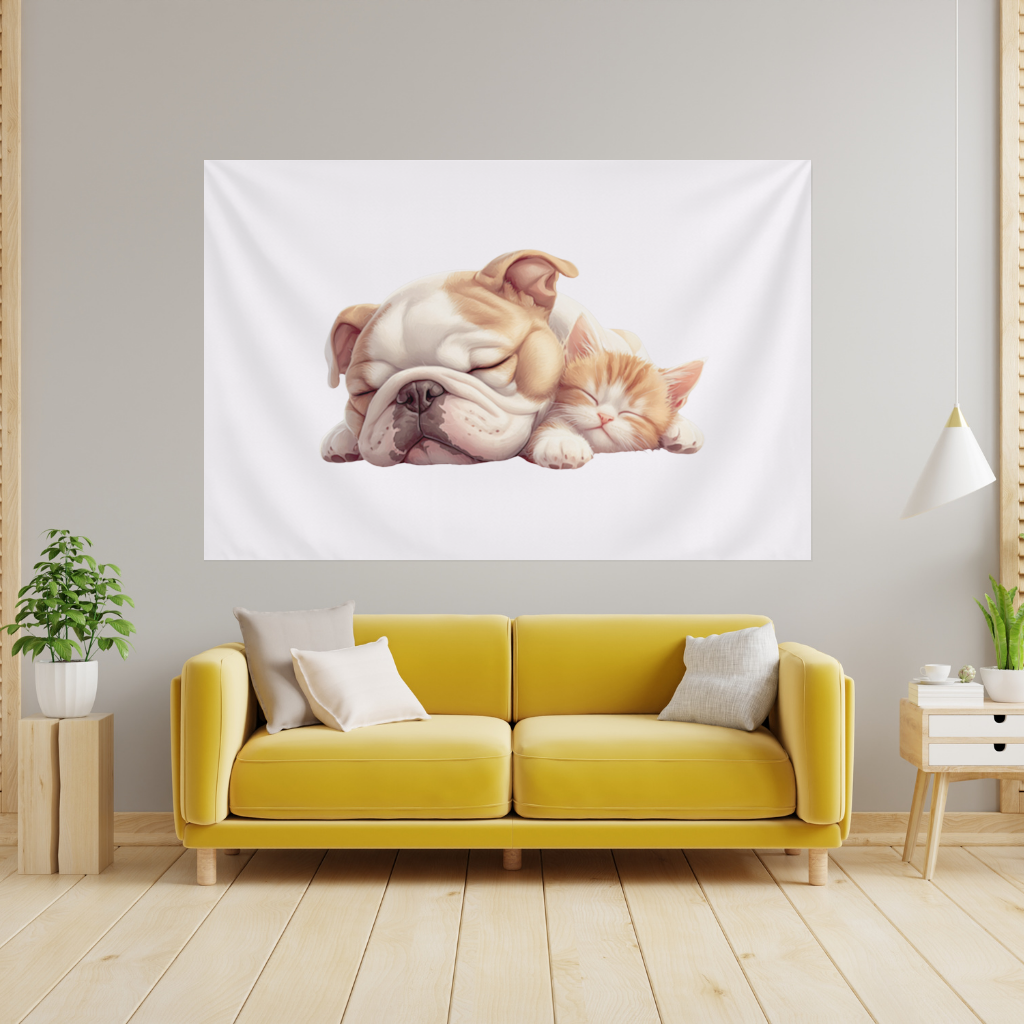 Sleeping Bulldog and Ginger Kitten Wall Tapestry