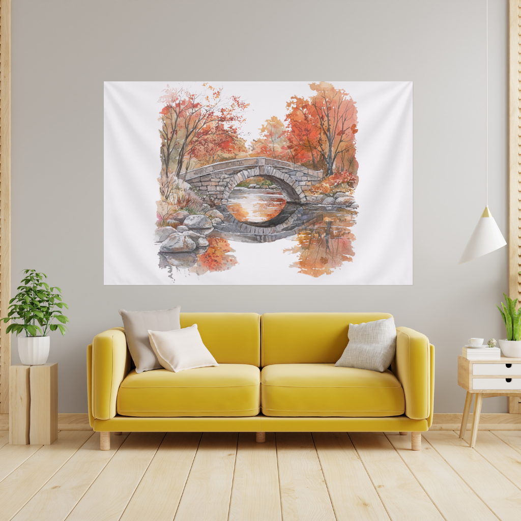 Autumn Stone Arch Bridge Over River Wall Tapestry