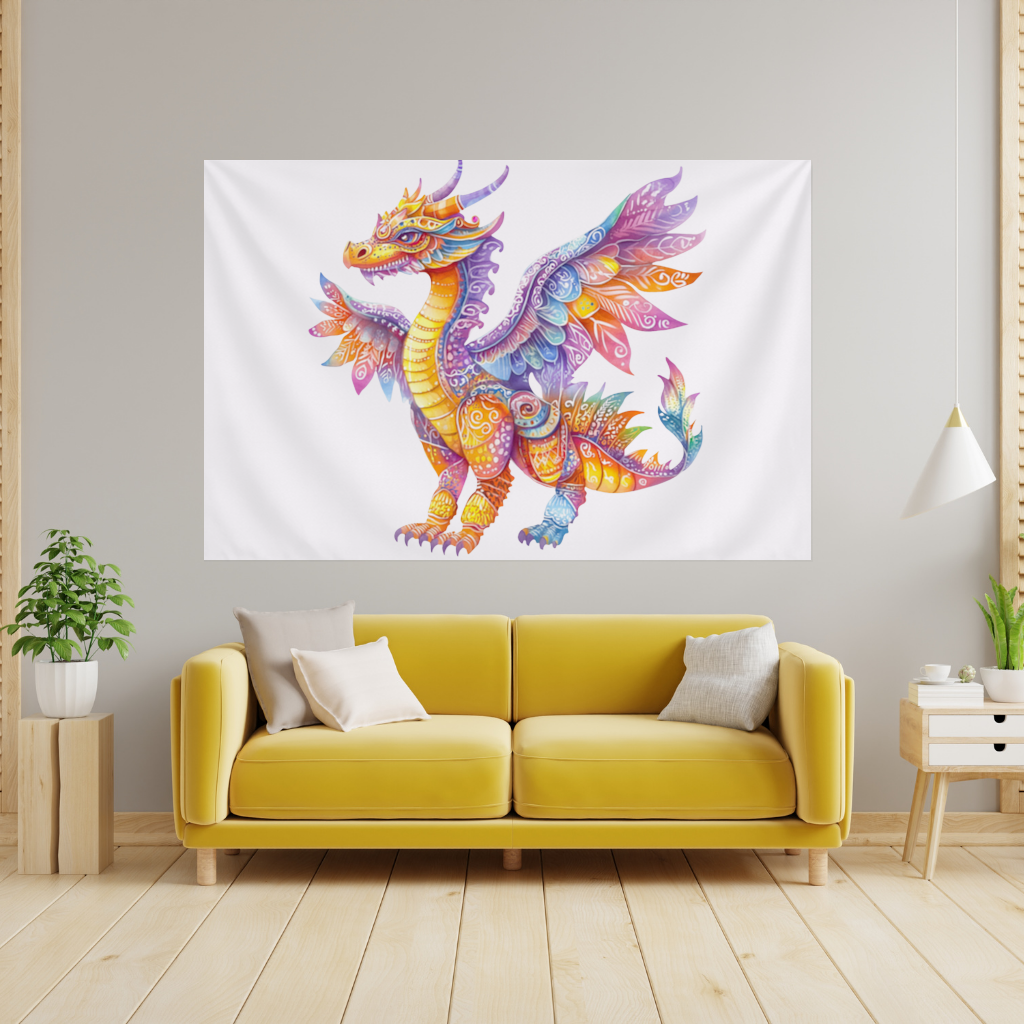 Vibrant Rainbow Mythical Dragon Wall Tapestry