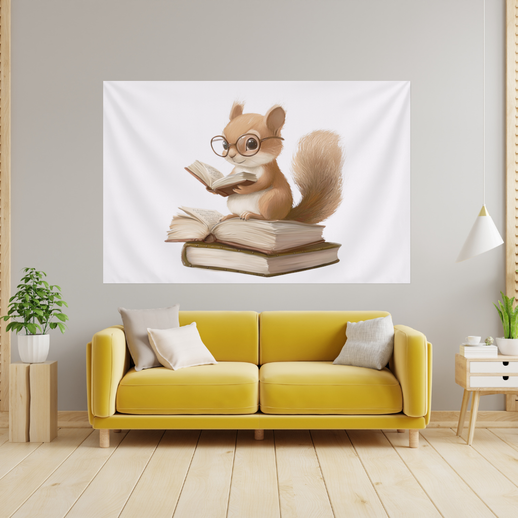 Scholarly Squirrel Reading on Book Stack Wall Tapestry