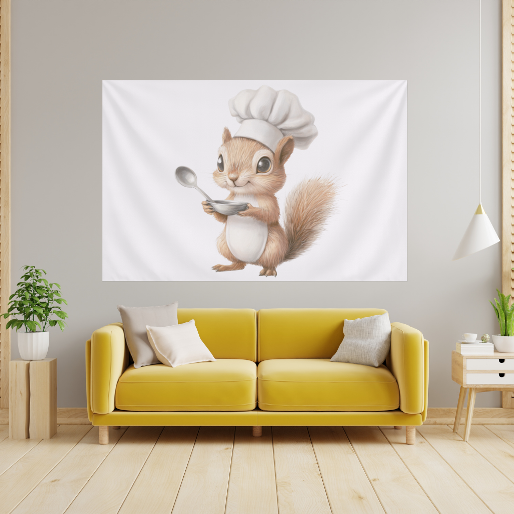 Whimsical Little Chef Squirrel Wall Tapestry
