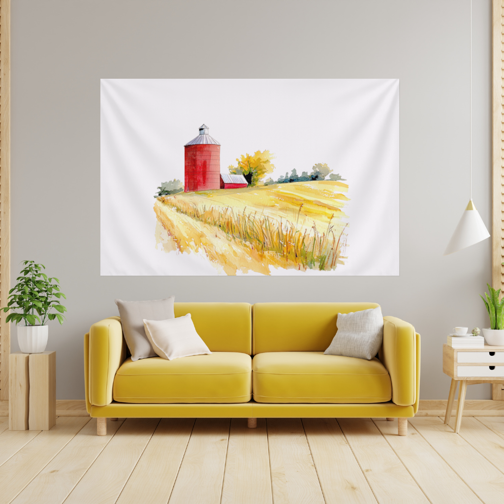 Red Farm Silo and Golden Wheat Field Wall Tapestry