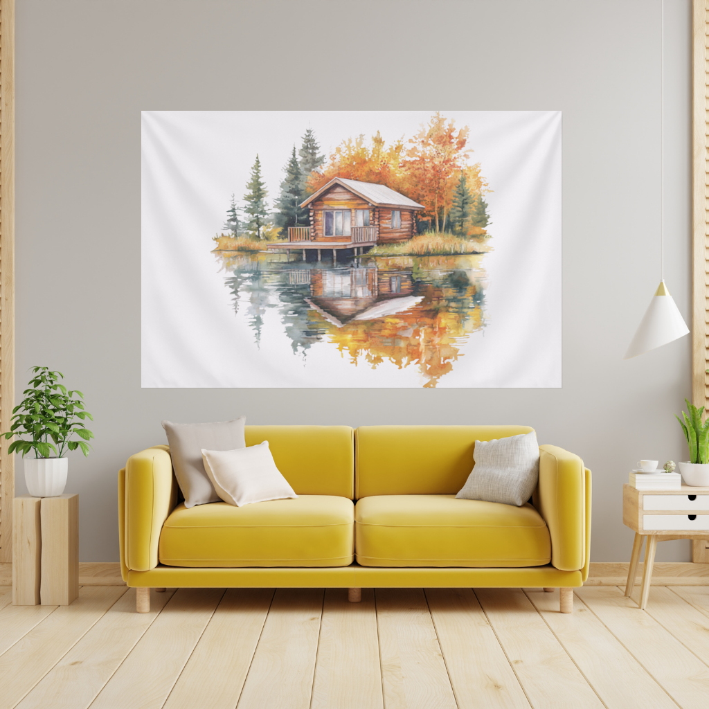 Lakeside Log Cabin Autumn Landscape Wall Tapestry