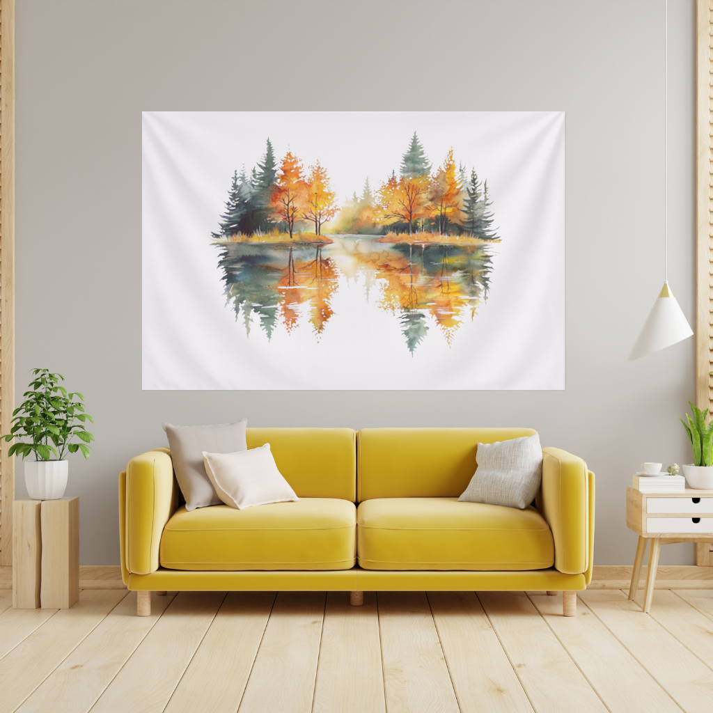 Autumn Forest Lake Reflection Wall Tapestry
