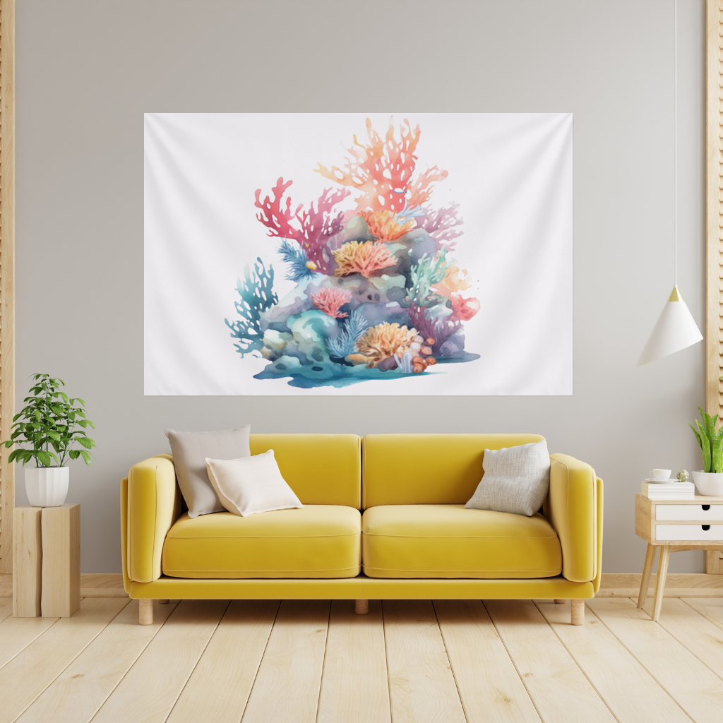 Vibrant Watercolor Coral Reef Scene Wall Tapestry