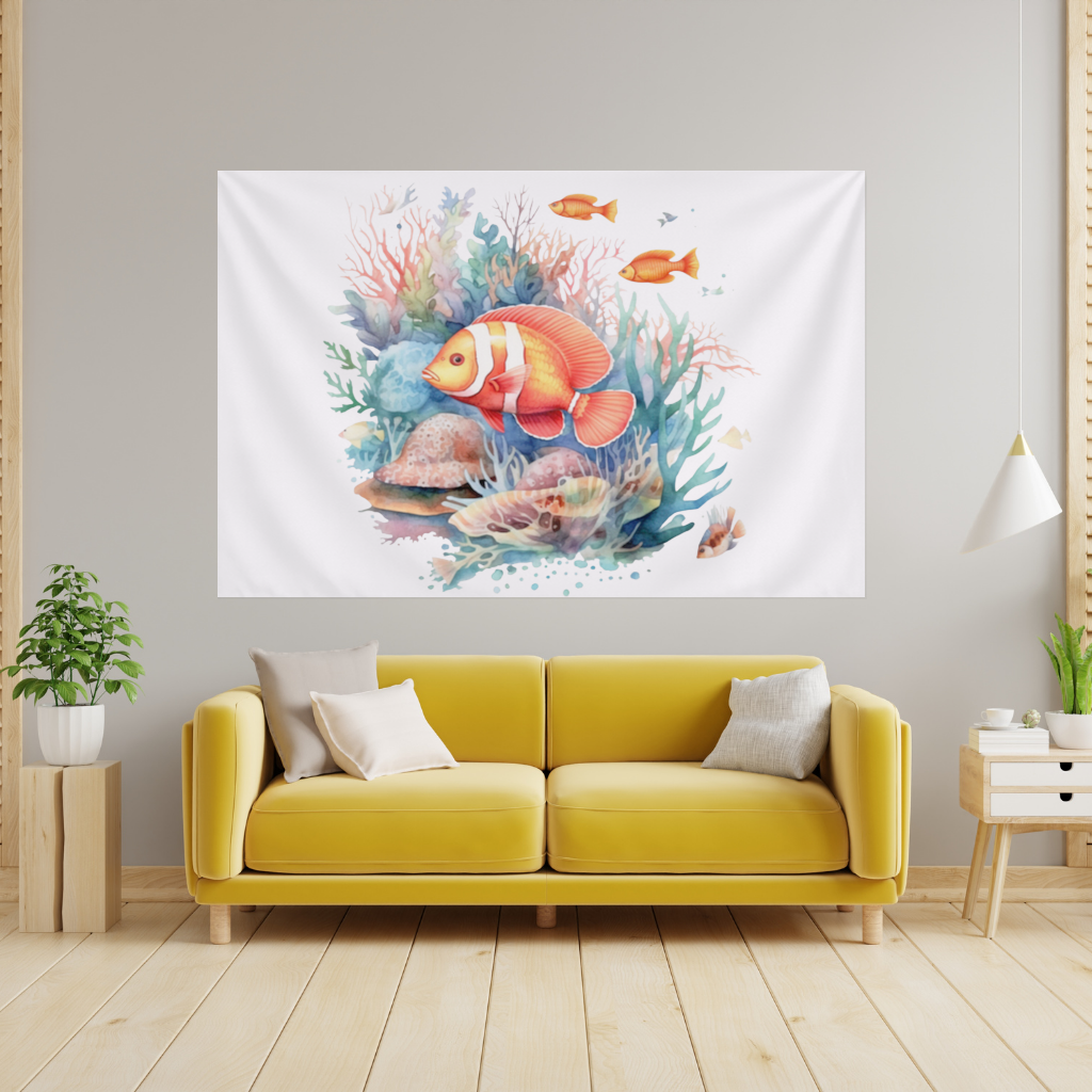 Watercolor Clownfish and Tropical Coral Reef Wall Tapestry