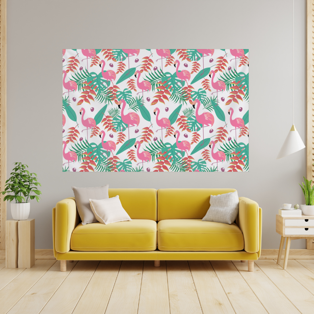 Pink Flamingo Tropical Leaves Wall Tapestry