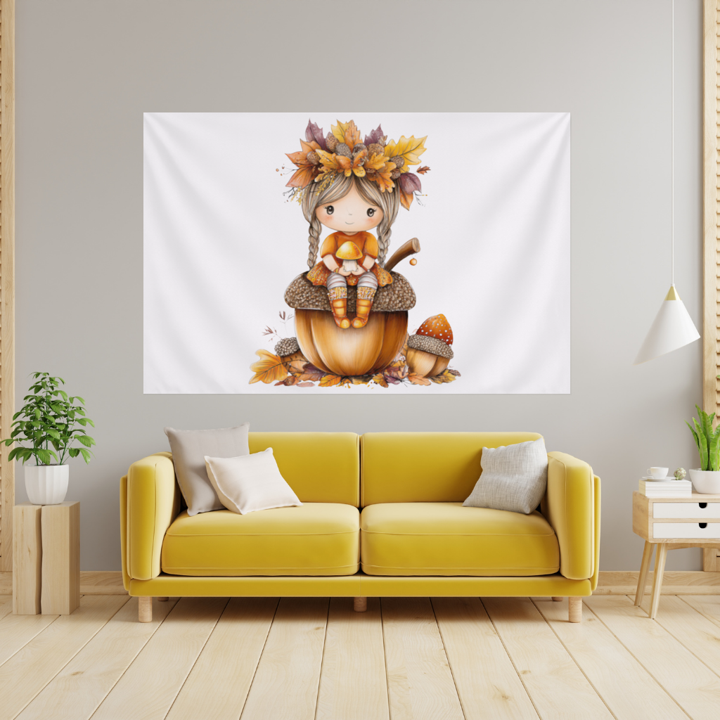 Autumn Acorn Mushroom Girl Wall Tapestry