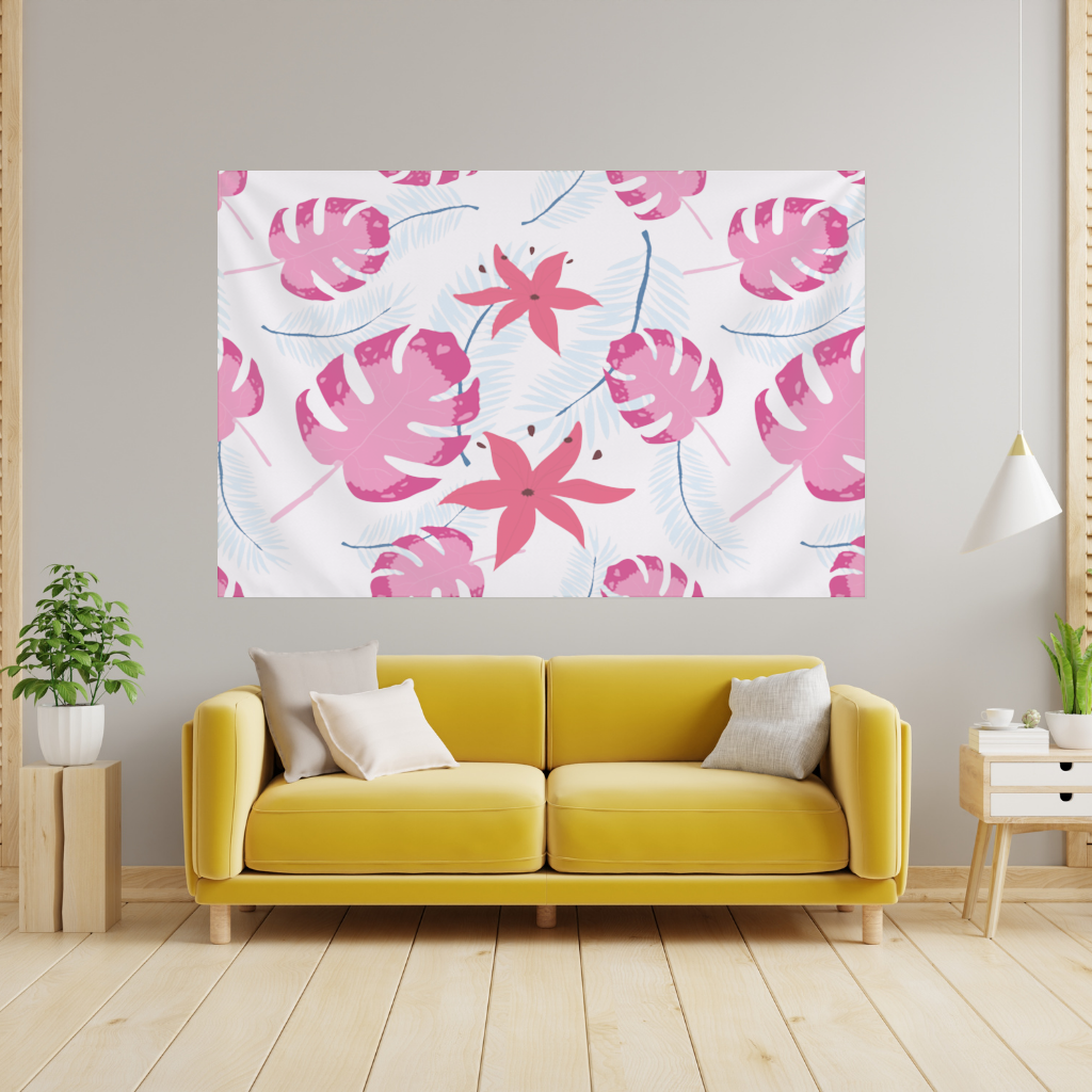Pink Monstera and Tropical Lily Wall Tapestry