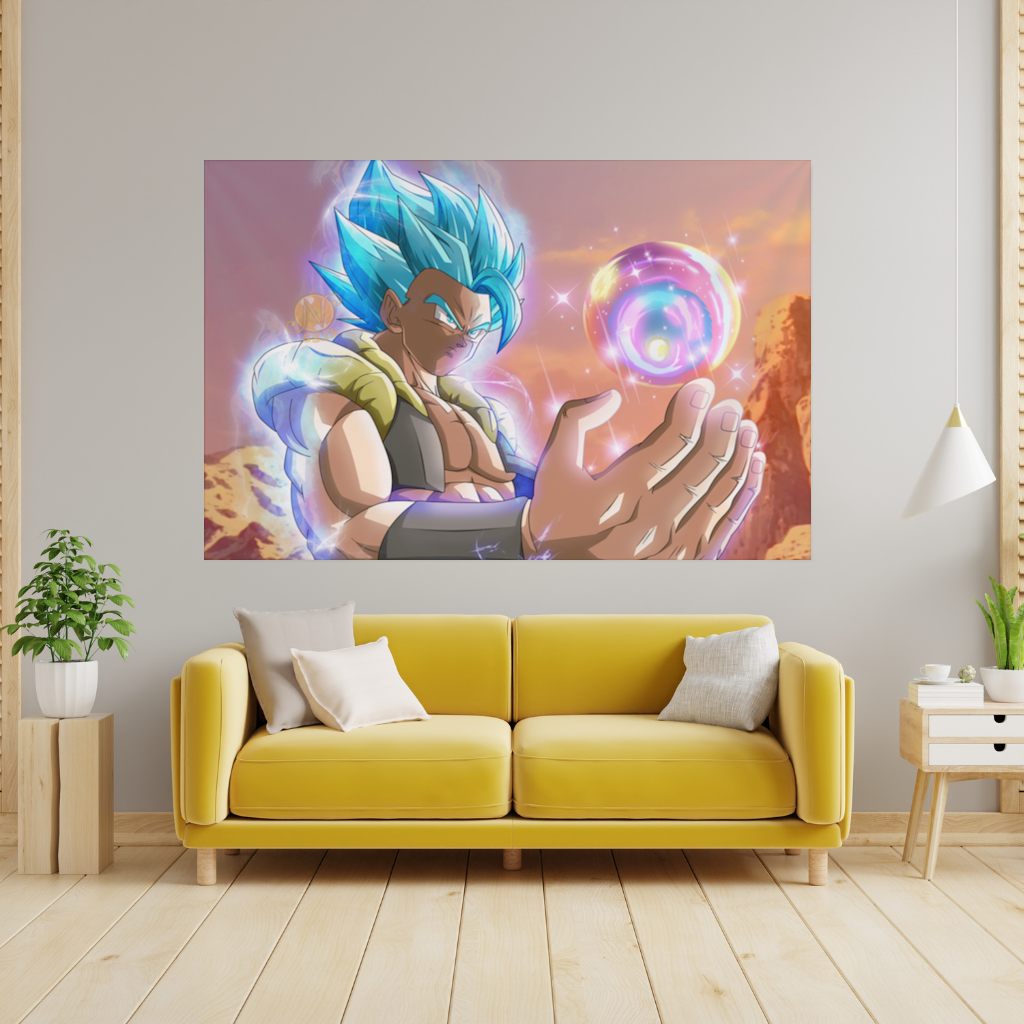 Blue Haired Warrior with Energy Orb Wall Tapestry