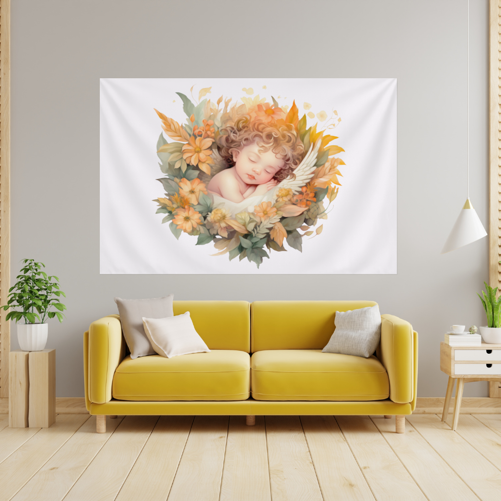 Sleeping Cherub in Cottagecore Flowers Wall Tapestry