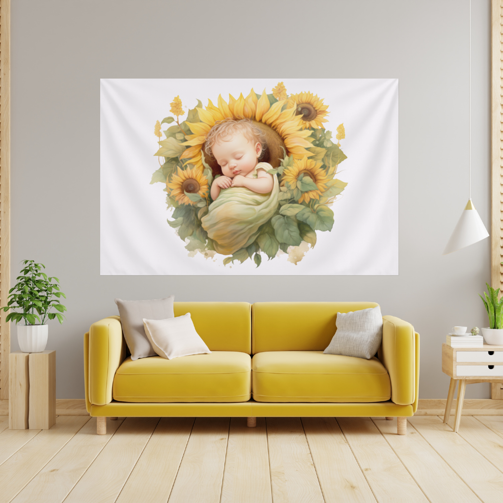 Ayçiçeği İçinde Uyuyan Bebek Duvar Örtüsü