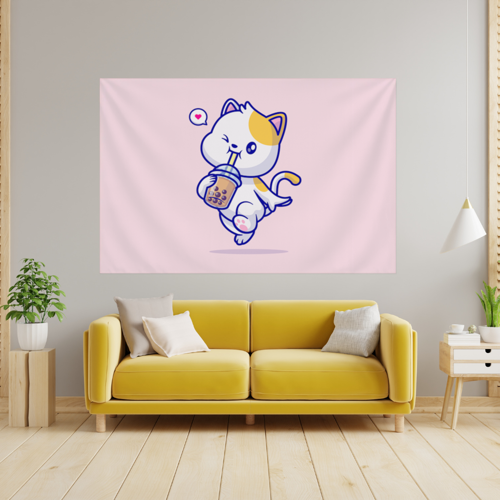 Boba Çayı İçen Kawaii Kedi Duvar Örtüsü
