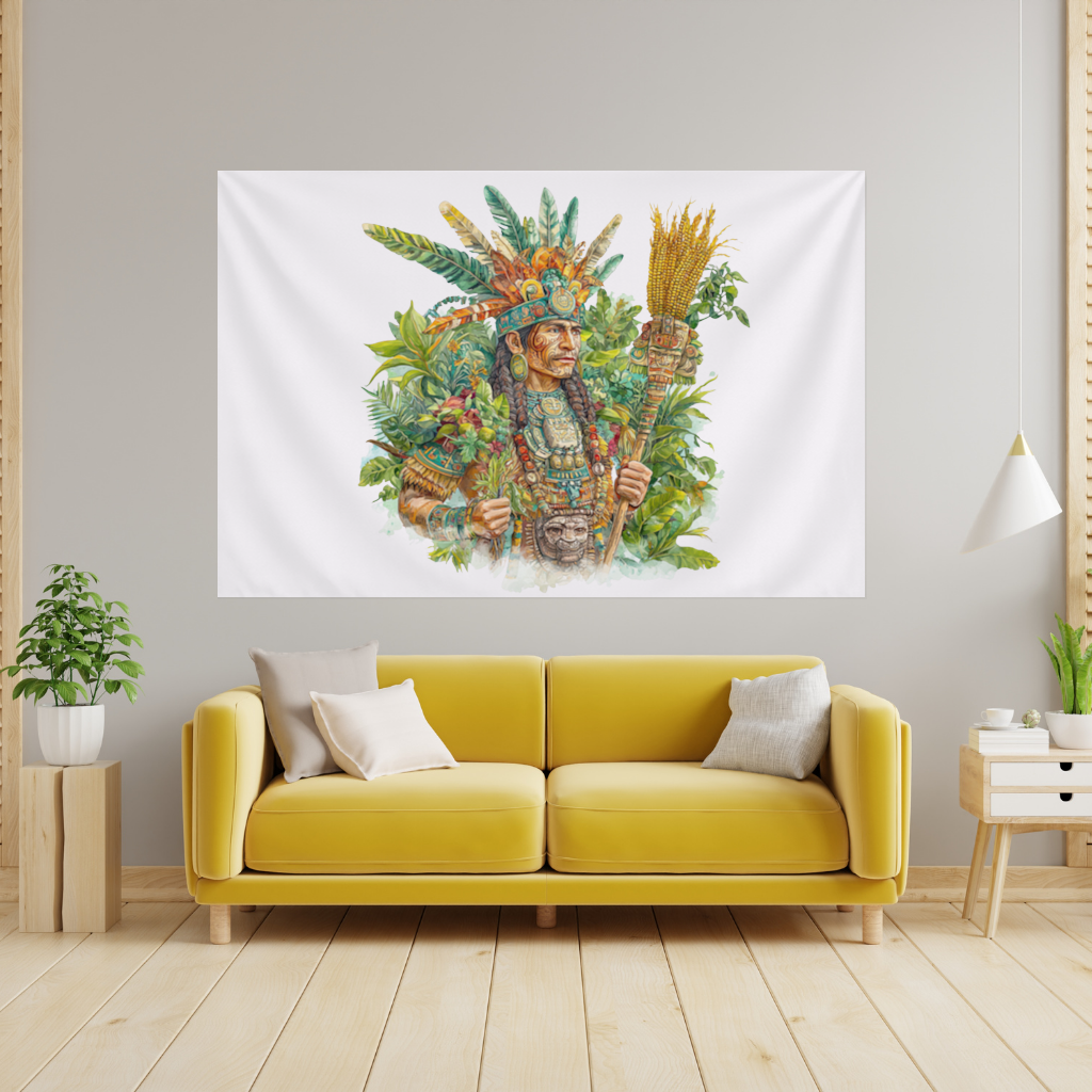 Maya Mısır Rahibi ve Tüylü Başlık Duvar Örtüsü