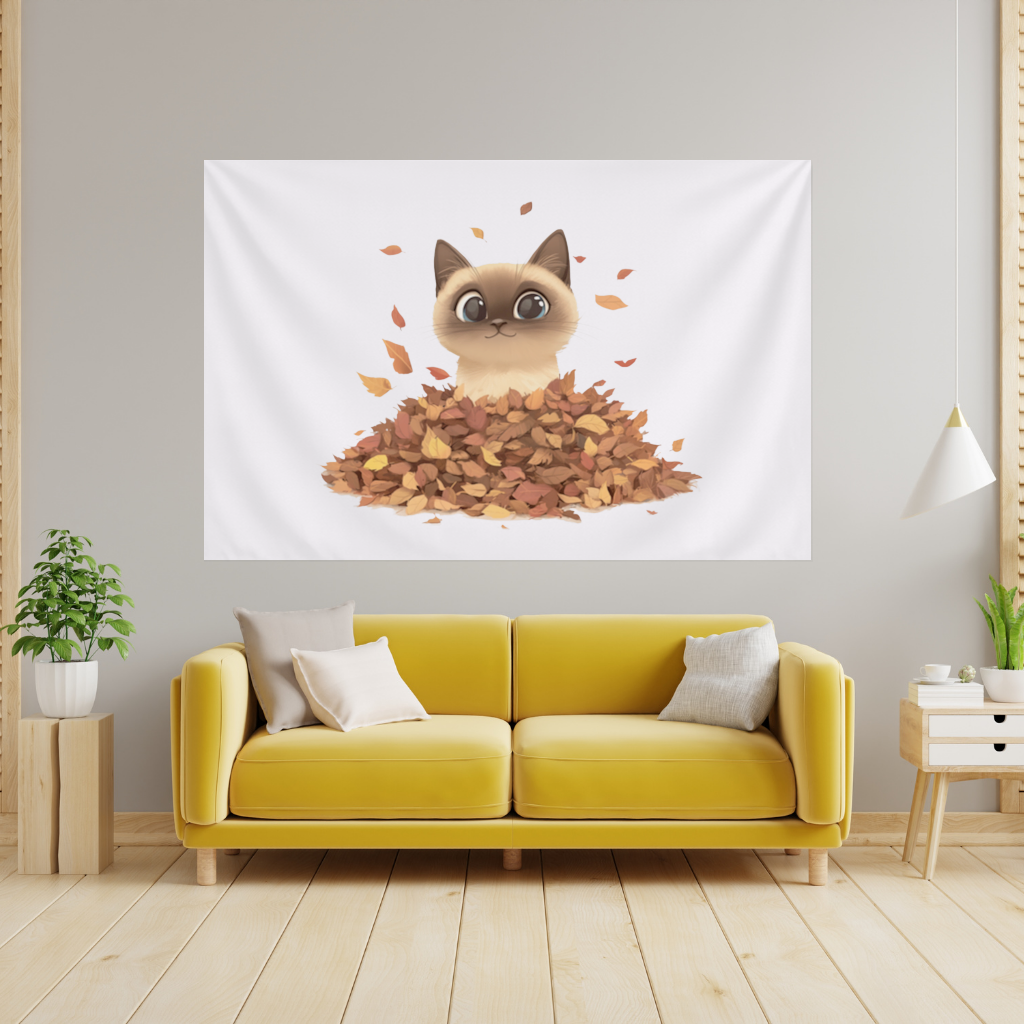 Siamese Cat in Autumn Leaf Pile Wall Tapestry