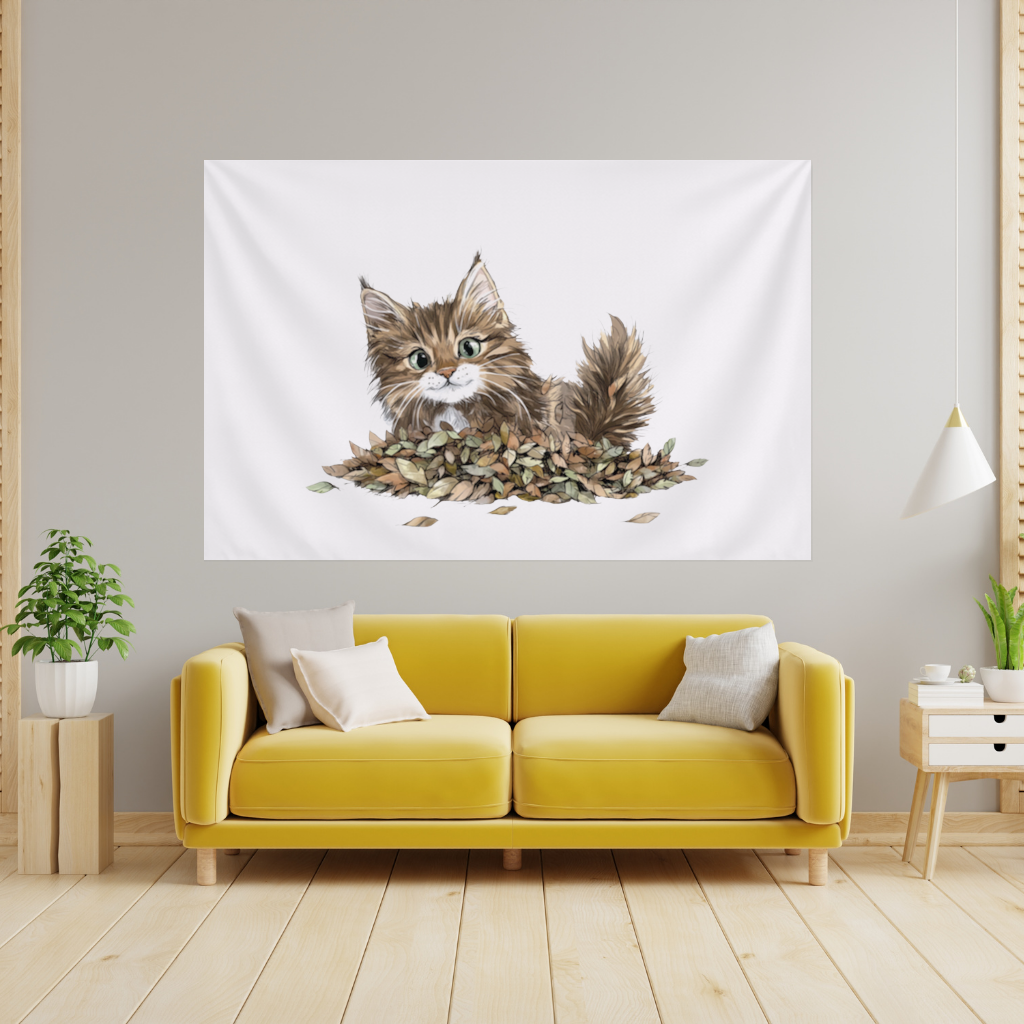 Cute Fluffy Kitten in Autumn Leaves 