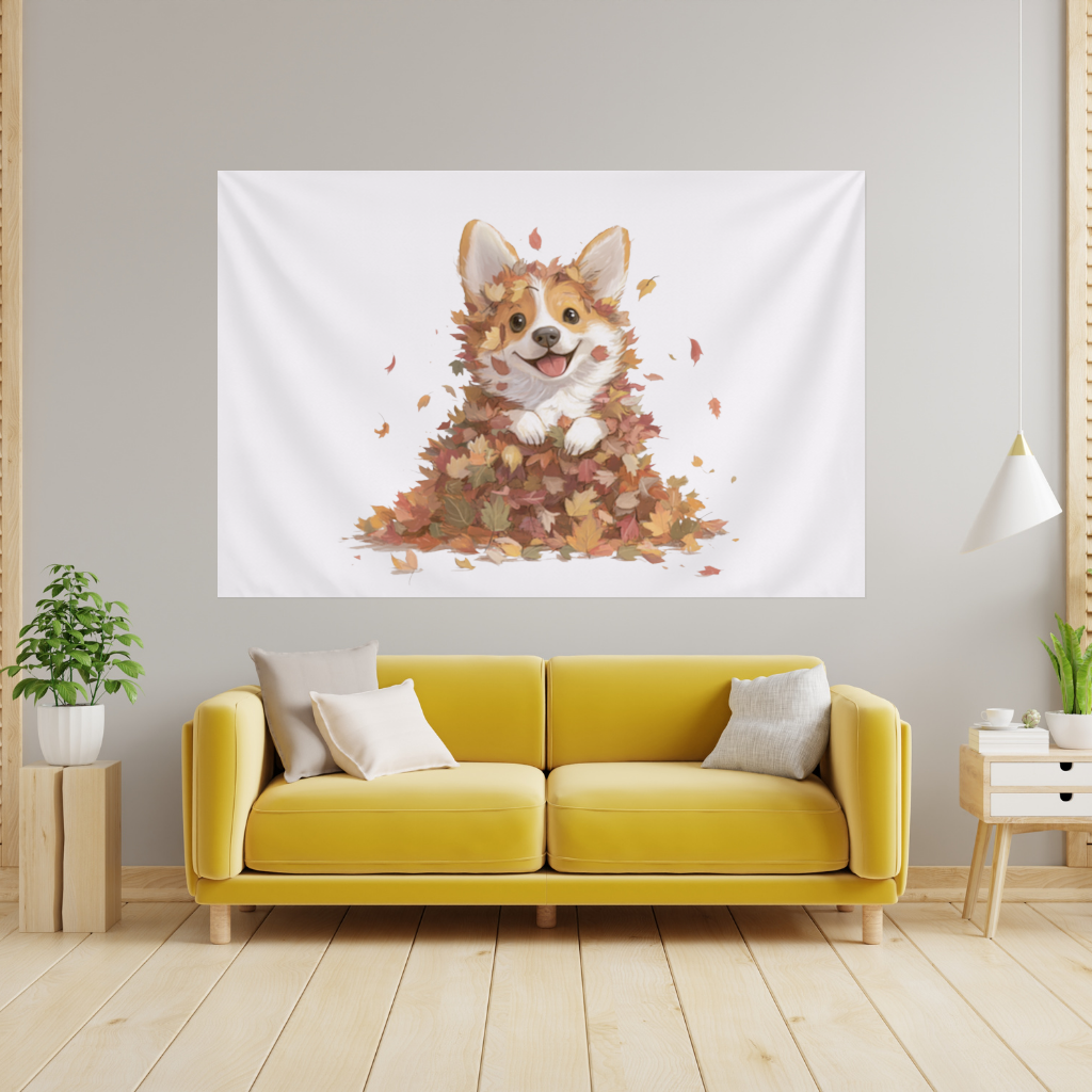 Happy Corgi Puppy in Fall Leaves 