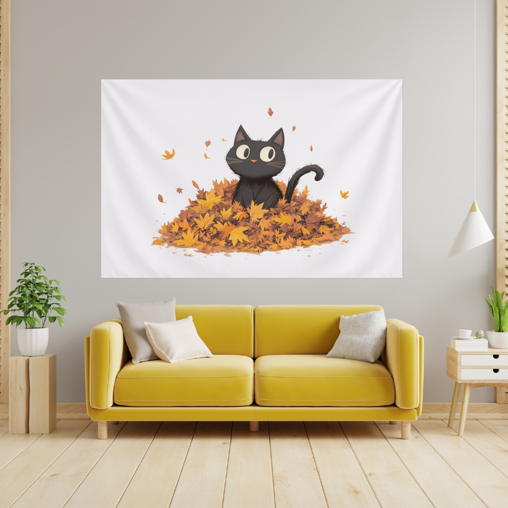 Sonbahar Yapraklarında Sevimli Siyah Kedi Duvar Örtüsü
