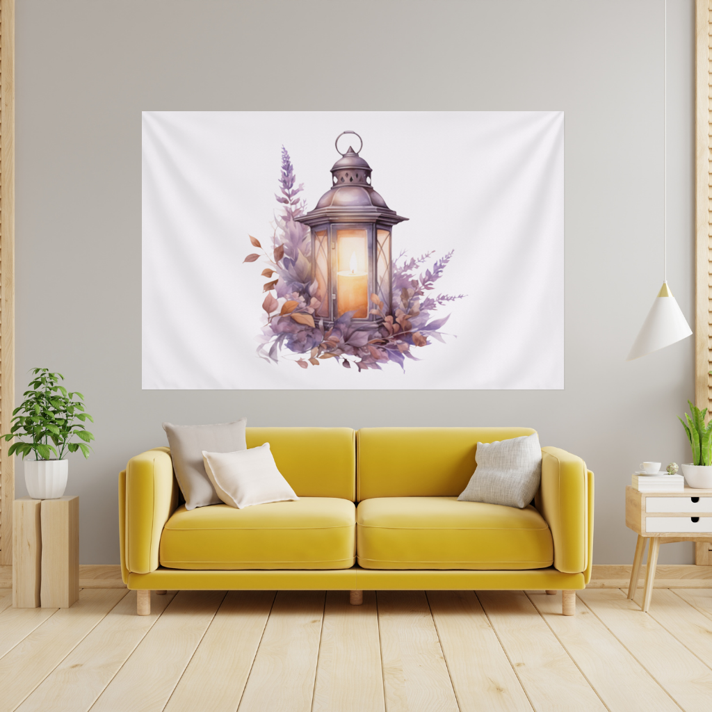 Cottagecore Lavender and Leaves Lantern Wall Tapestry