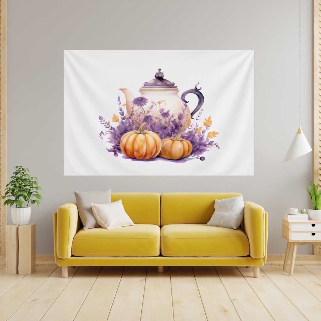Vintage Purple Floral Pumpkin Teapot Wall Tapestry