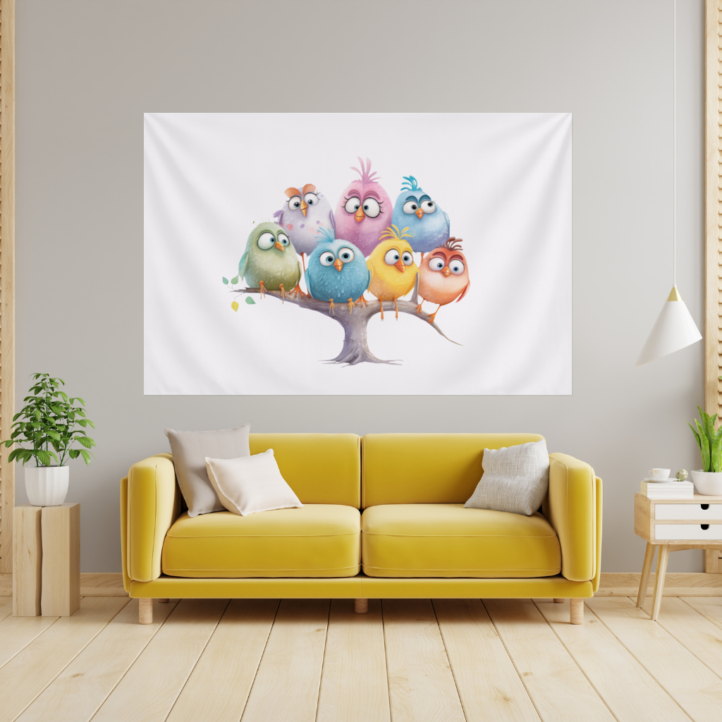 Whimsical Colorful Birds on Branch Wall Tapestry