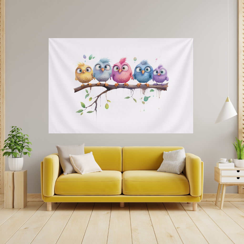Five Colorful Kawaii Birds on Branch 