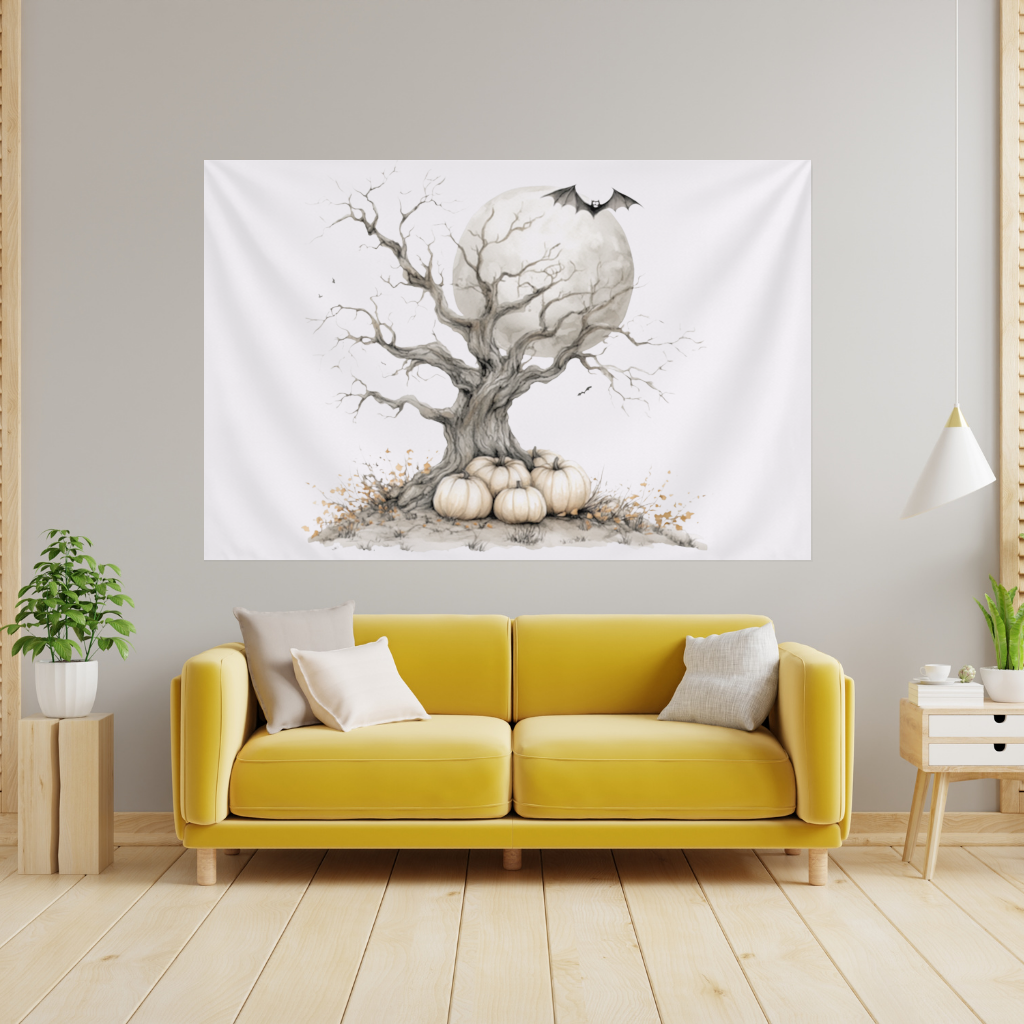 Spooky Tree with White Pumpkins Moon 
