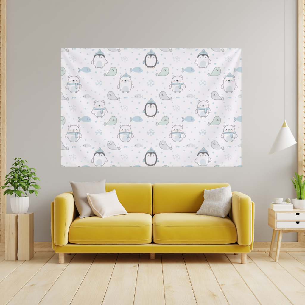 Cute Arctic Animals Winter Pattern Wall Tapestry