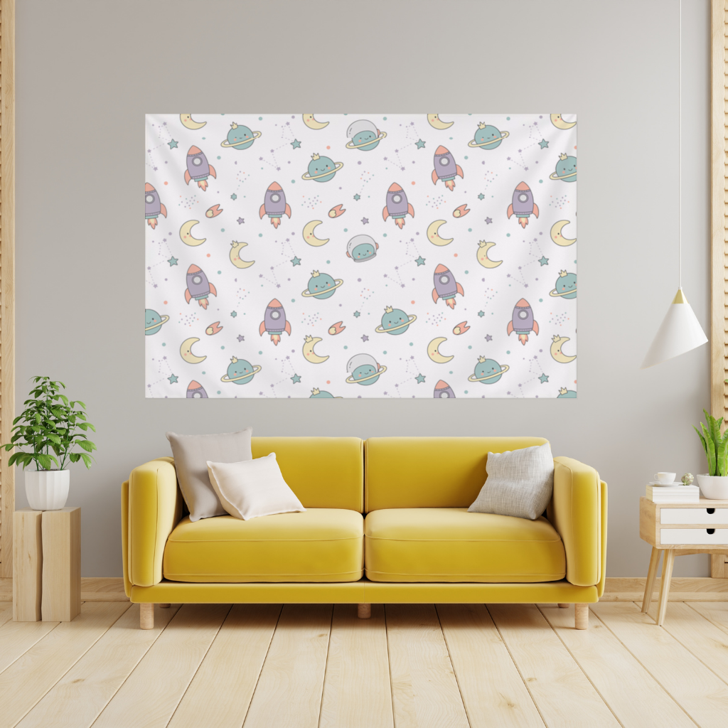 Cute Space Rocket Pattern Wall Tapestry