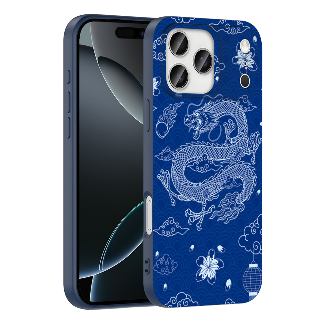 Traditional Dragon Pattern on Blue Background iPhone 17 Pro Max Case