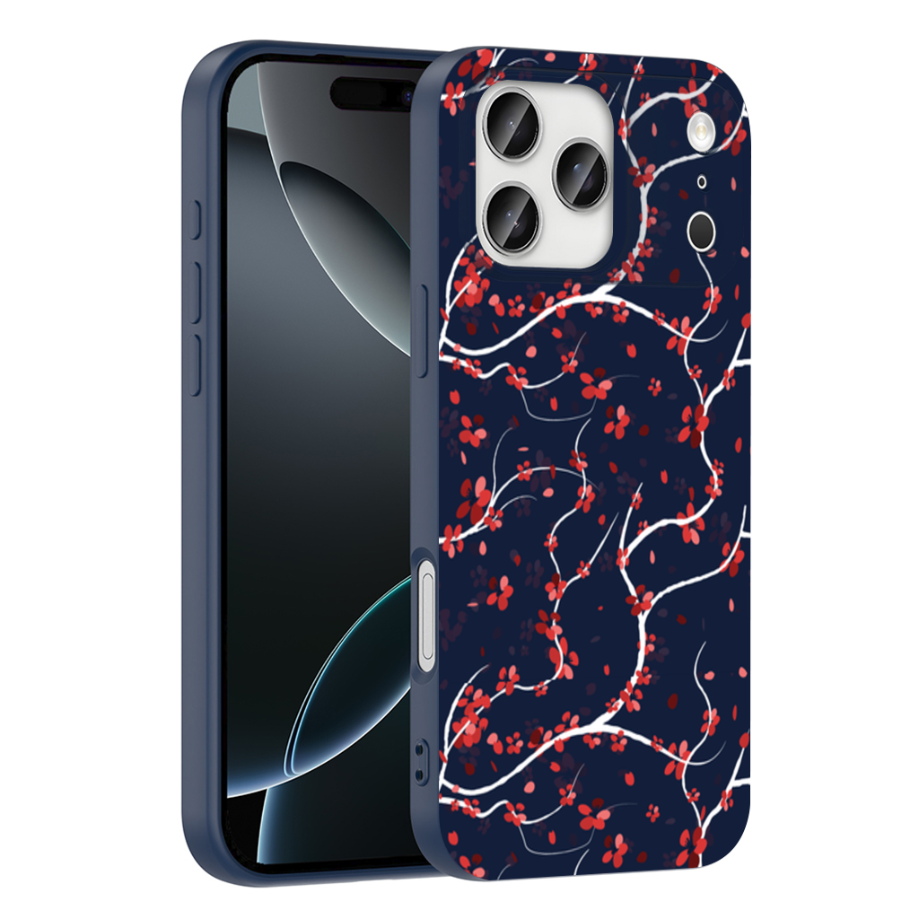 Red Floral Branch Pattern on Navy Background iPhone 17 Pro Max Case